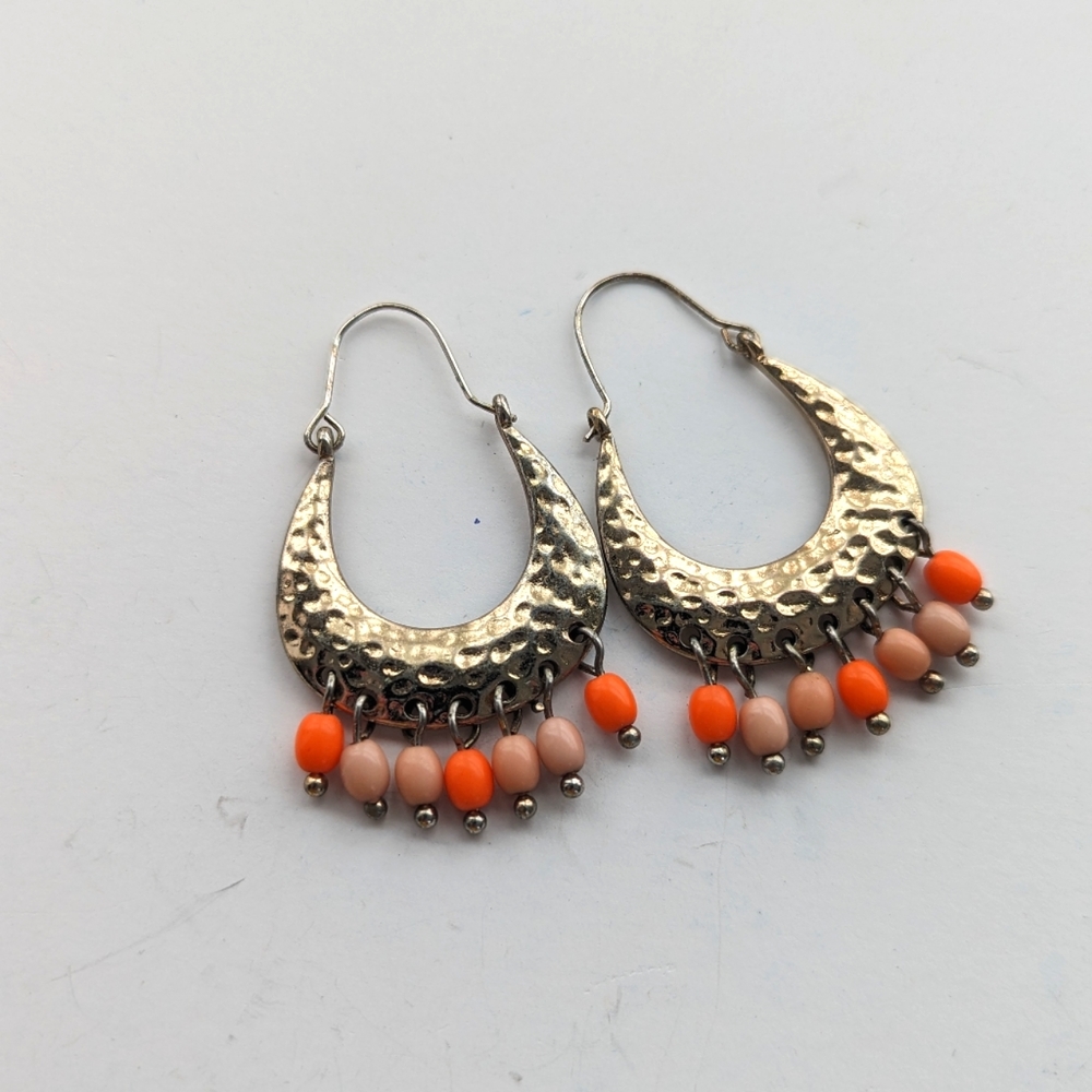 Boho Hammered LightGold Tone Beaded Faux Coral Dangle Hoop Southwestern Earrings